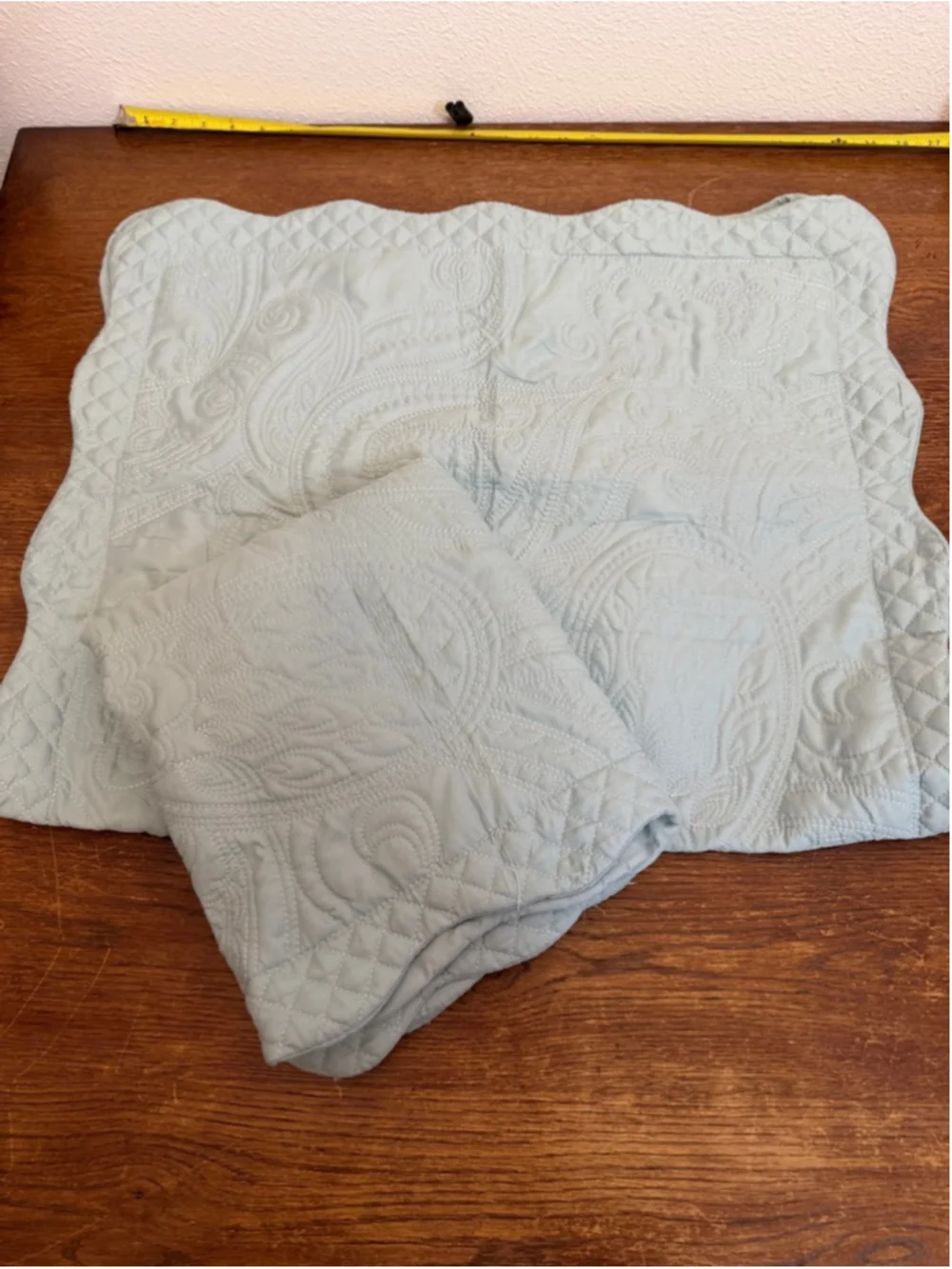 Set of 2 King Quilted Pillow Shams Blue Gray Paisley Floral Scalloped Edge